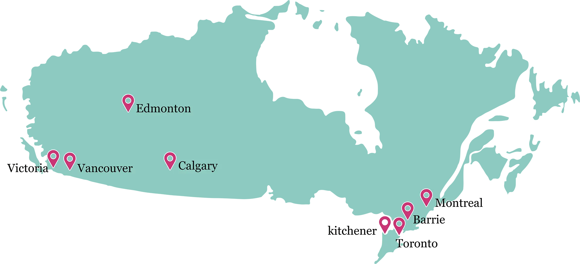 Map showing Feel Fabulous Mobile Spa locations across Canada, including Vancouver, Victoria, Edmonton, Calgary, Kitchener, Barrie, Toronto, and Montreal.