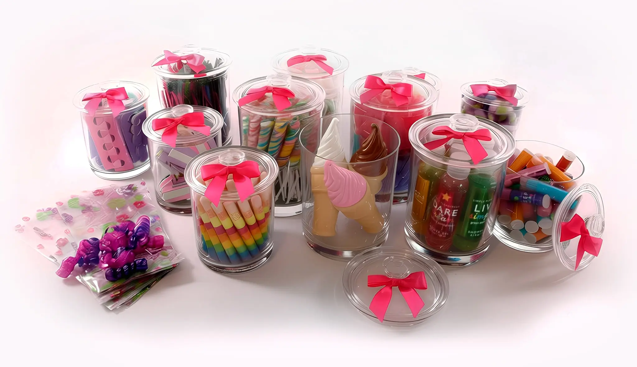 Glass jars filled with colorful spa goodies, accessories, and pamper treats for Feel Fabulous Kids Spa goody bags