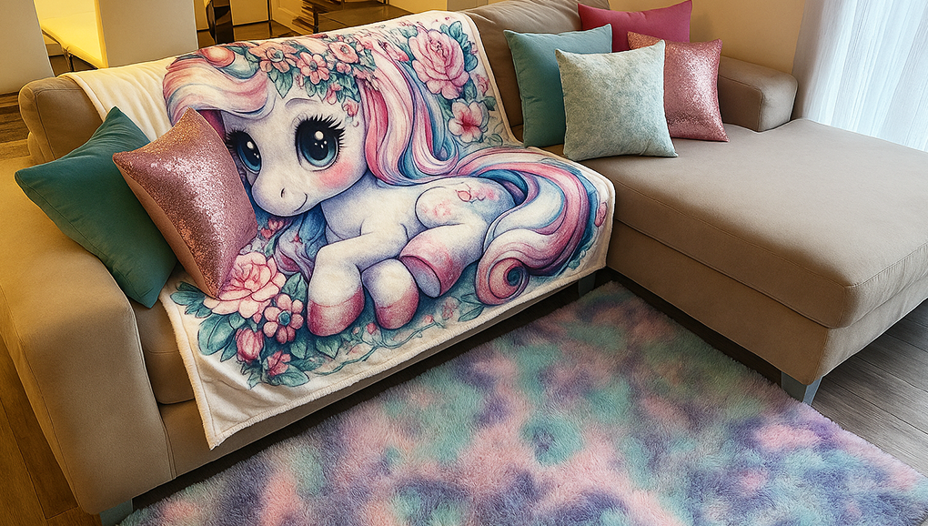 A magical and cozy lounge space — unicorn blanket, soft pillows, and cheerful colors at Feel Fabulous Spa.